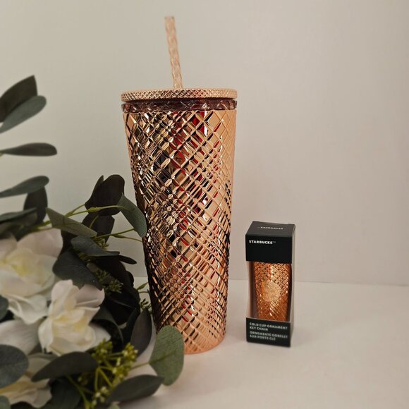Starbucks 24 Oz Rose Gold Diamond Textured Tumbler & Keychain Cold Cup Ornament - Picture 7 of 10